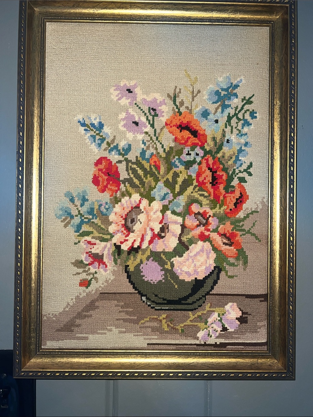 Vintage Micro Stitched Framed Floral Needlepoint Bouquet Multicolor Prof Framing
